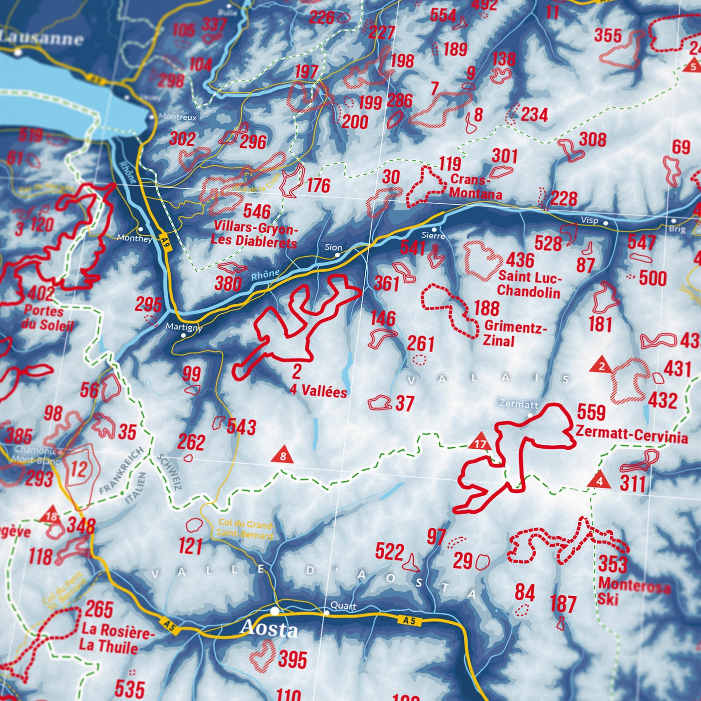 Alpenkarte mit allen Skigebieten – Detail Kartenausschnitt
