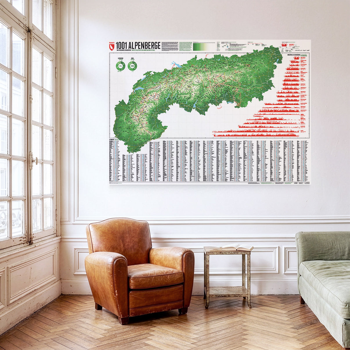 Alpenkarte 1001 Berge als Wandkarte an einer Wand hängend