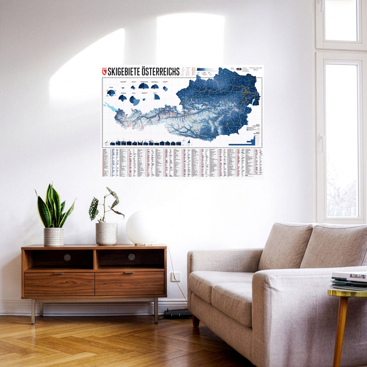 Ski Resorts of Austria as a Wandkarte hanging on a wall