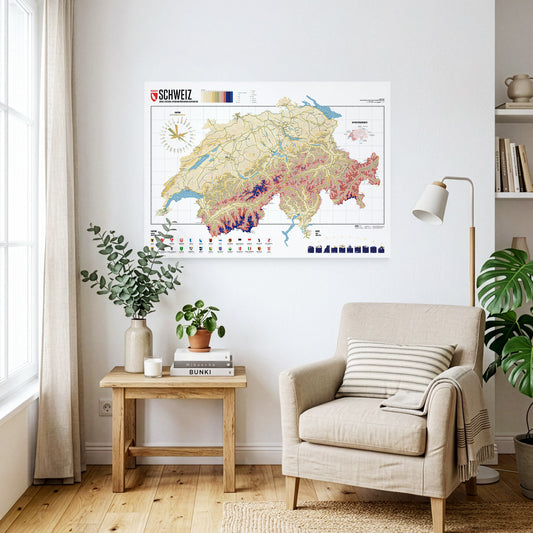 Switzerland Map as a Wandkarte hanging on a wall