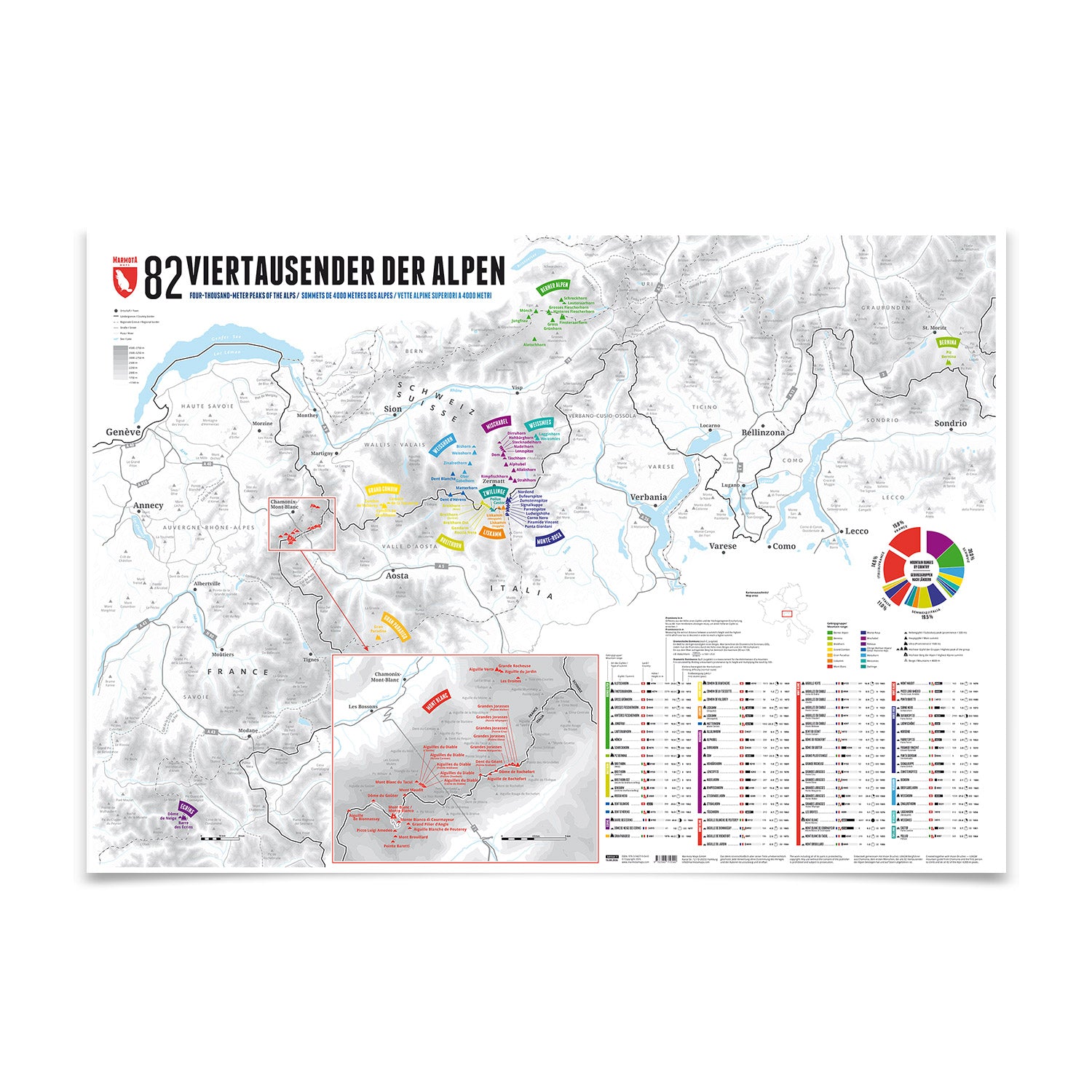 82 Viertausender der Alpen – illustrierte Wandkarte von Marmota Maps