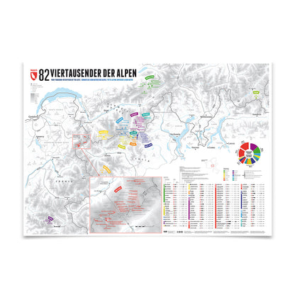 82 Viertausender der Alpen – illustrierte Wandkarte von Marmota Maps