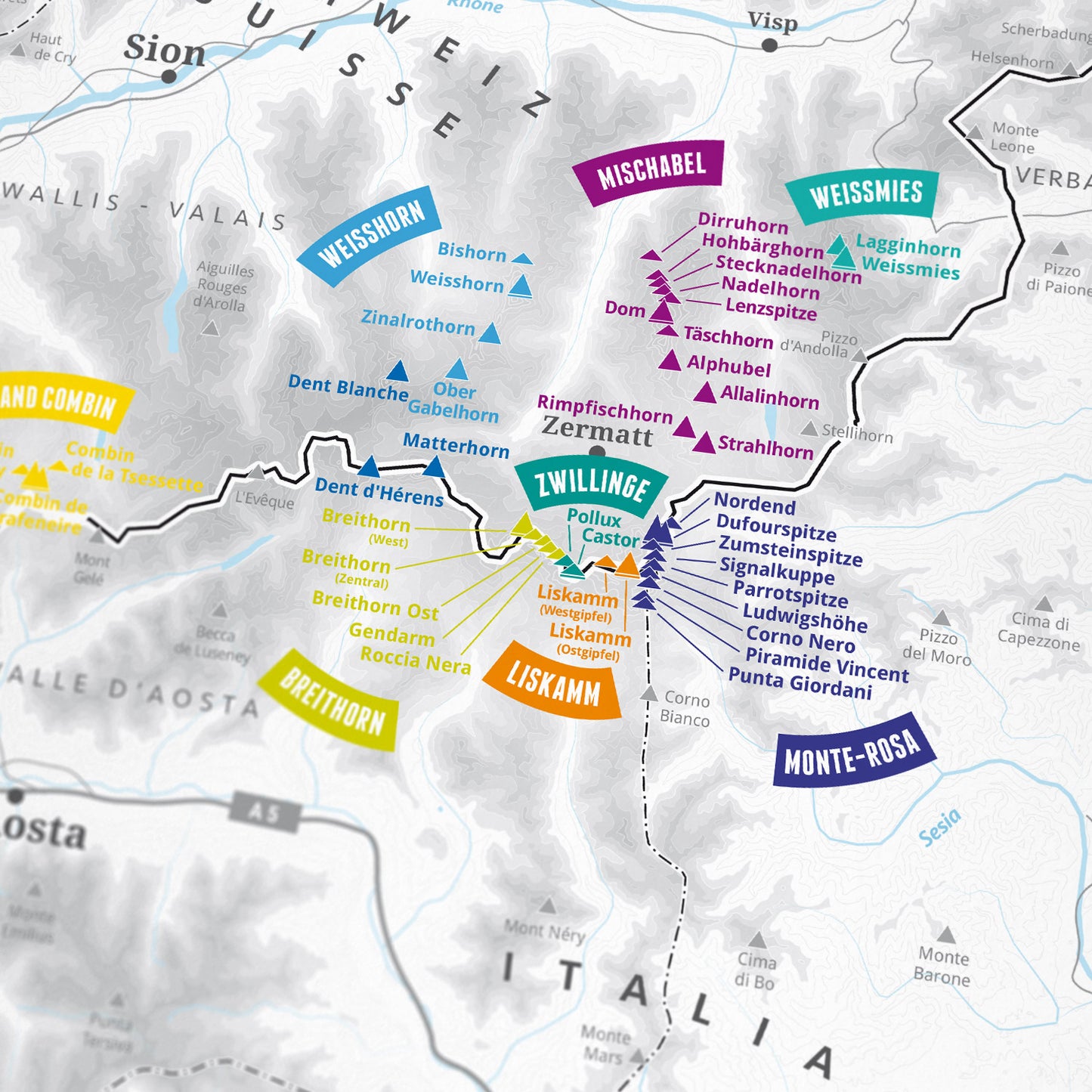 Detailansicht: 82 Viertausender der Alpen als Wandkarte (1 von 4)