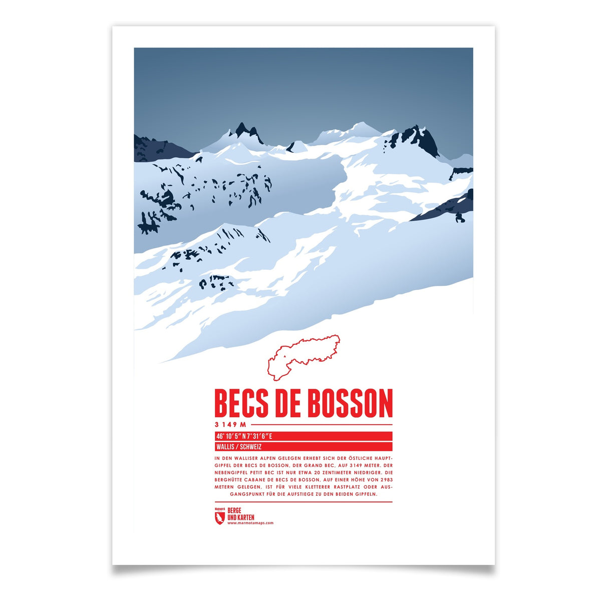 Becs de Bosson als illustrierter Druck von Marmota Maps (3149 m, Walliser Alpen)