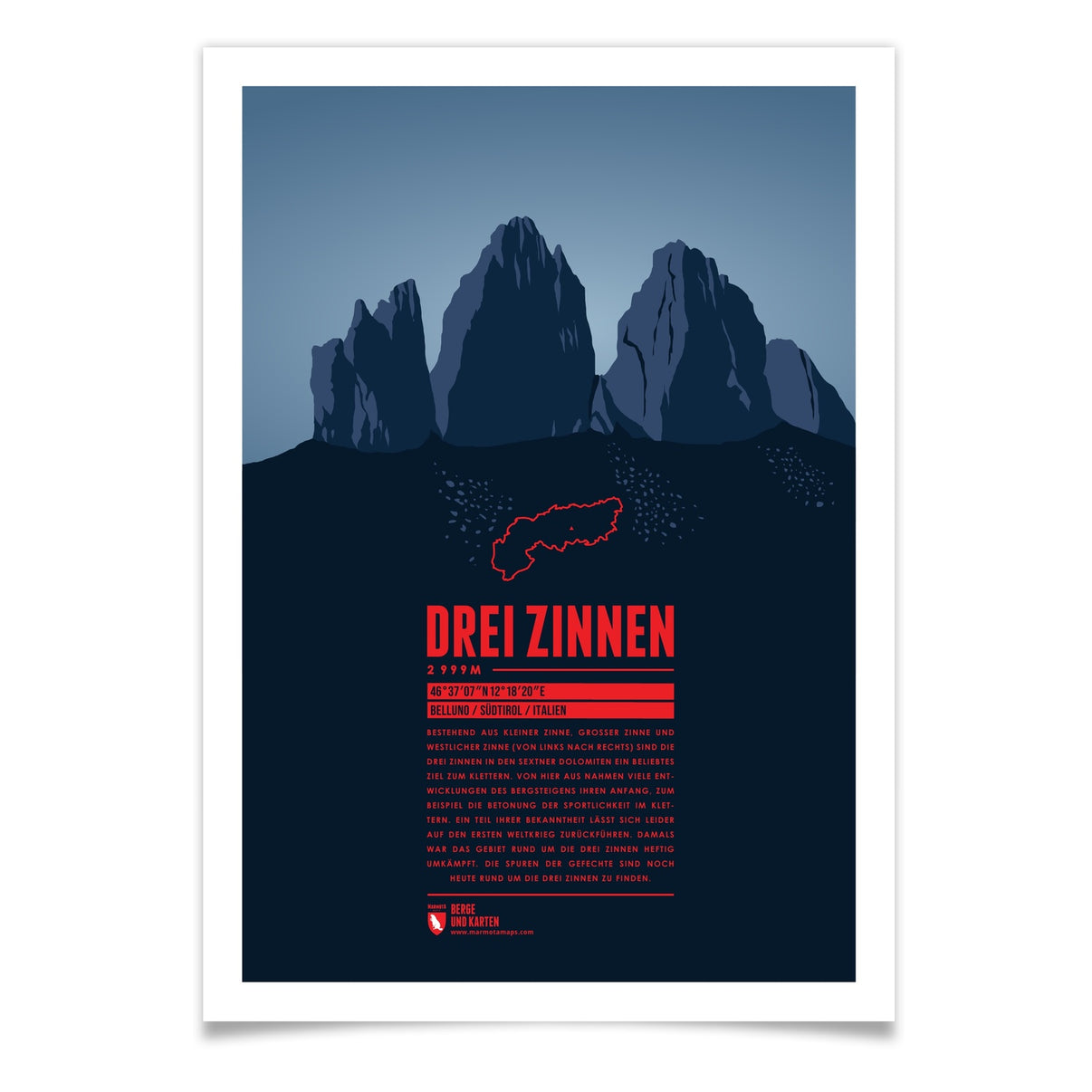 Drei Zinnen als illustrierter Druck von Marmota Maps (2999 m, Dolomiten)