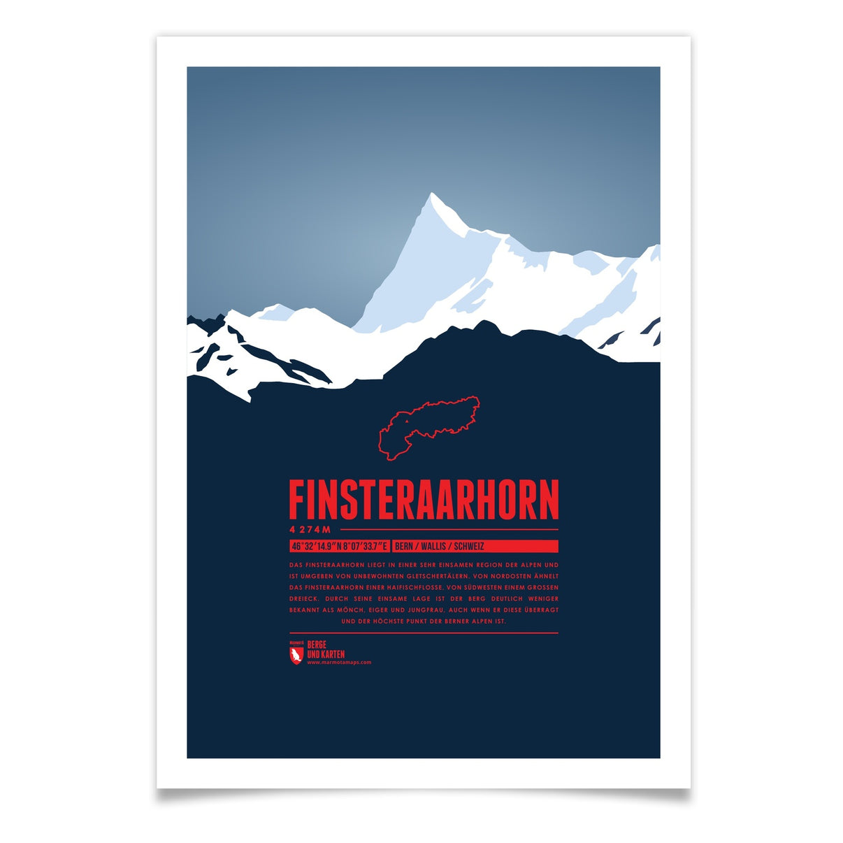 Finsteraarhorn als illustrierter Druck von Marmota Maps (4274 m, Berner Alpen)