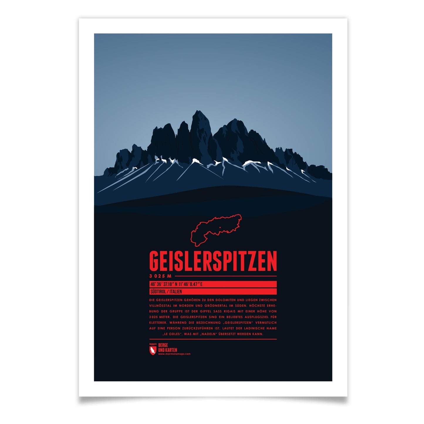 Geislerspitzen als illustrierter Druck von Marmota Maps (3025 m, Dolomiten)