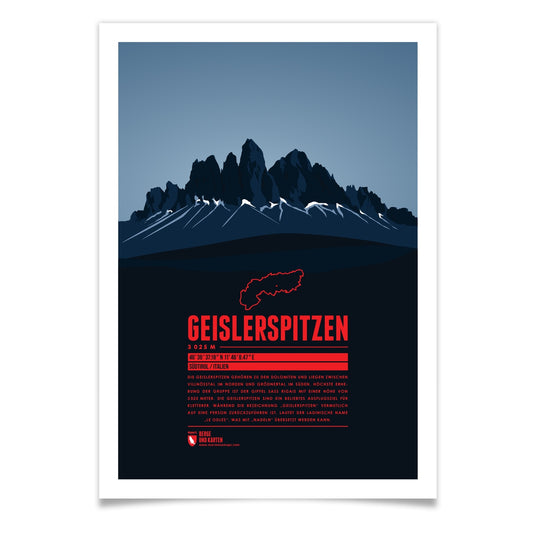 Geislerspitzen als illustrierter Druck von Marmota Maps (3025 m, Dolomiten)