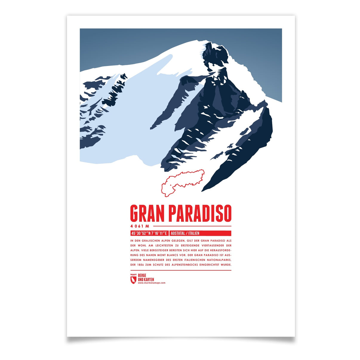 Gran Paradiso als illustrierter Druck von Marmota Maps (4061 m, Grajische Alpen)
