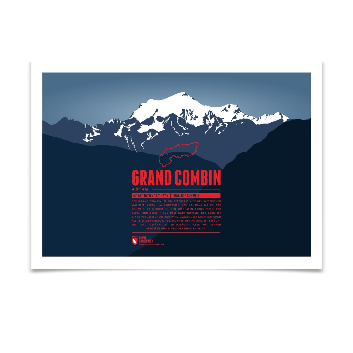 Grand Combin als illustrierter Druck von Marmota Maps (4314 m, Walliser Alpen)
