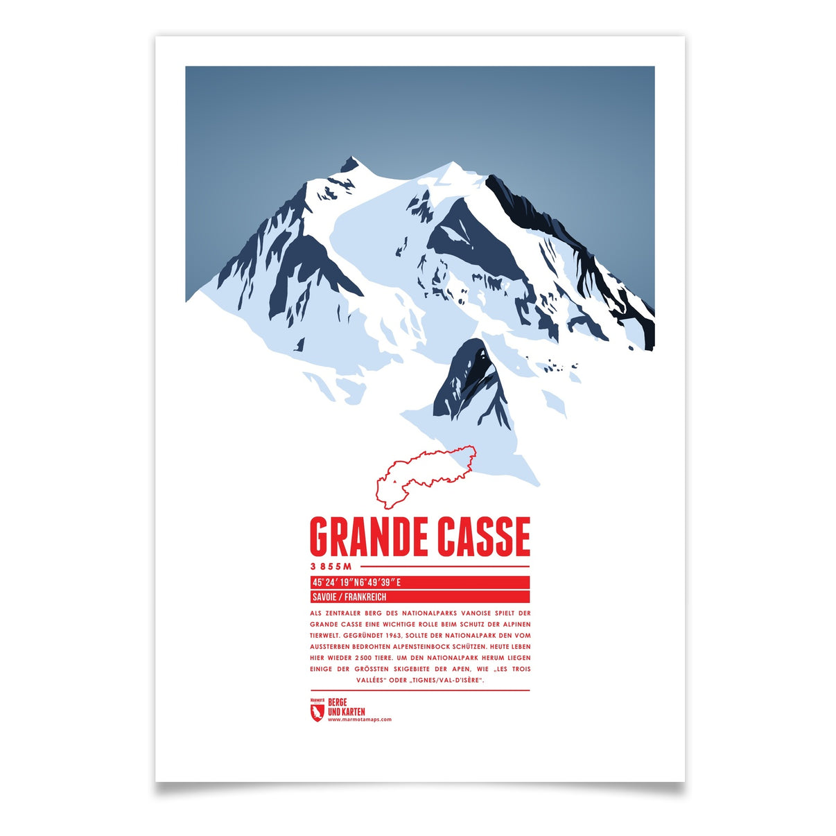 Grande Casse als illustrierter Druck von Marmota Maps (3855 m, Grajische Alpen)