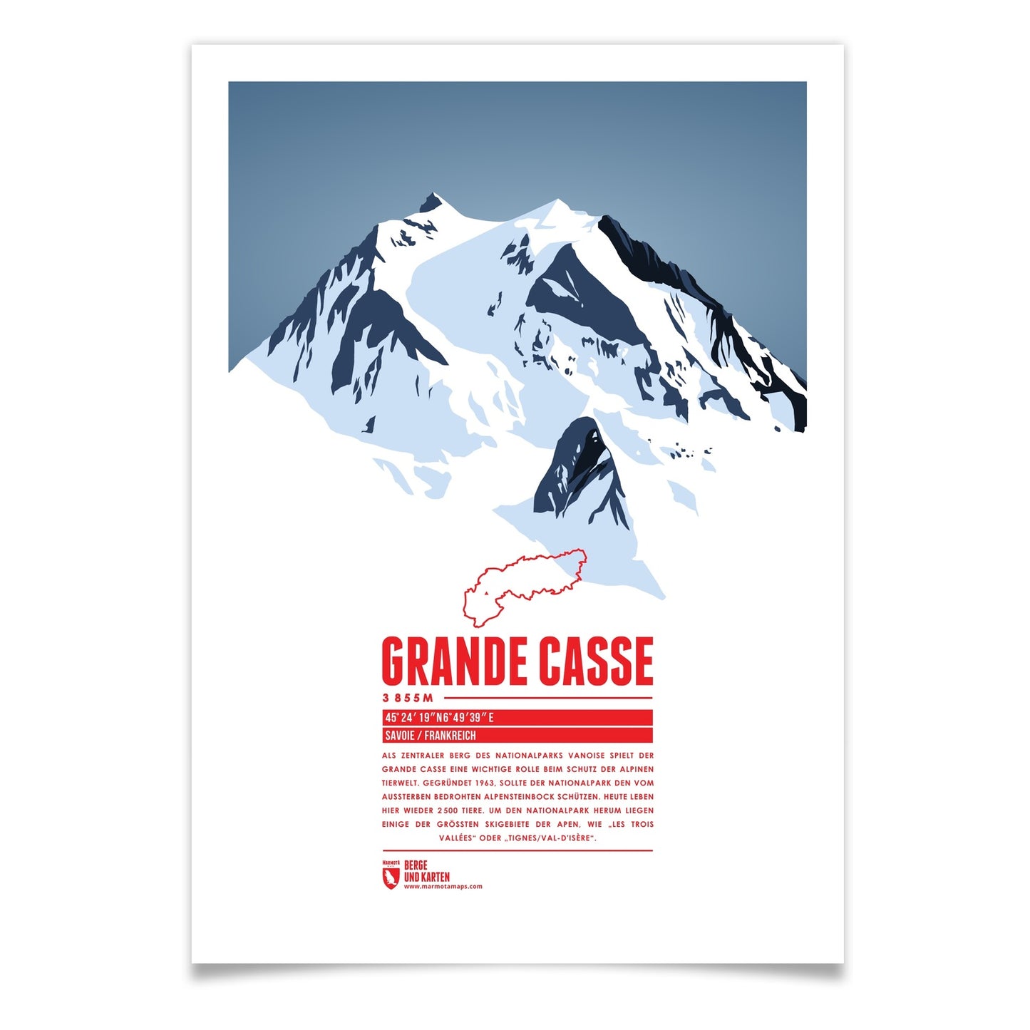 Grande Casse als illustrierter Druck von Marmota Maps (3855 m, Grajische Alpen)