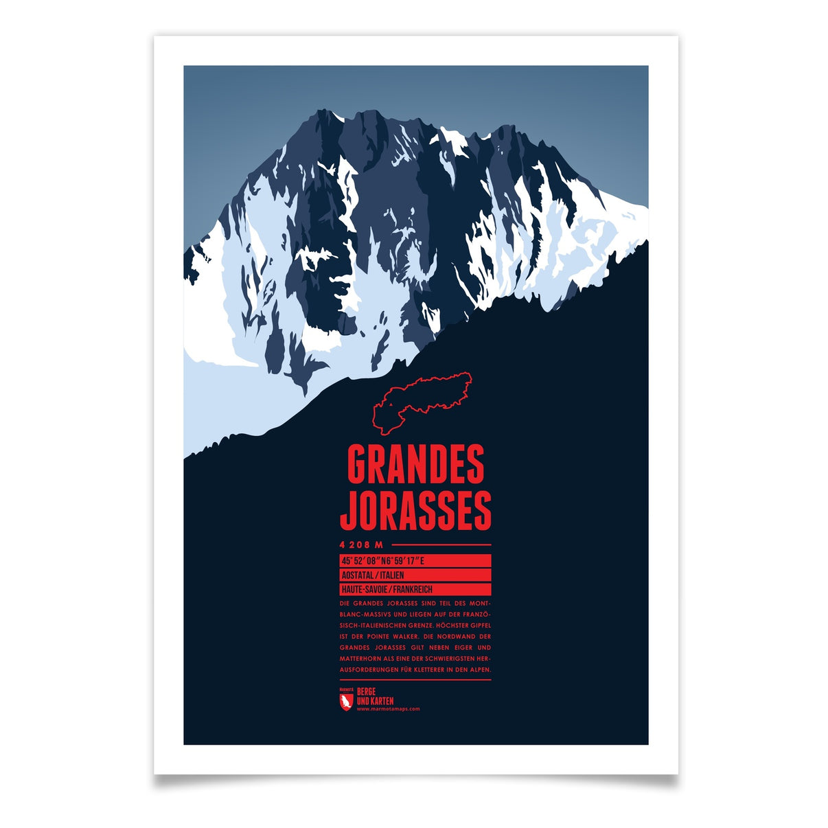Grandes Jorasses als illustrierter Druck von Marmota Maps (4208 m, Grajische Alpen)
