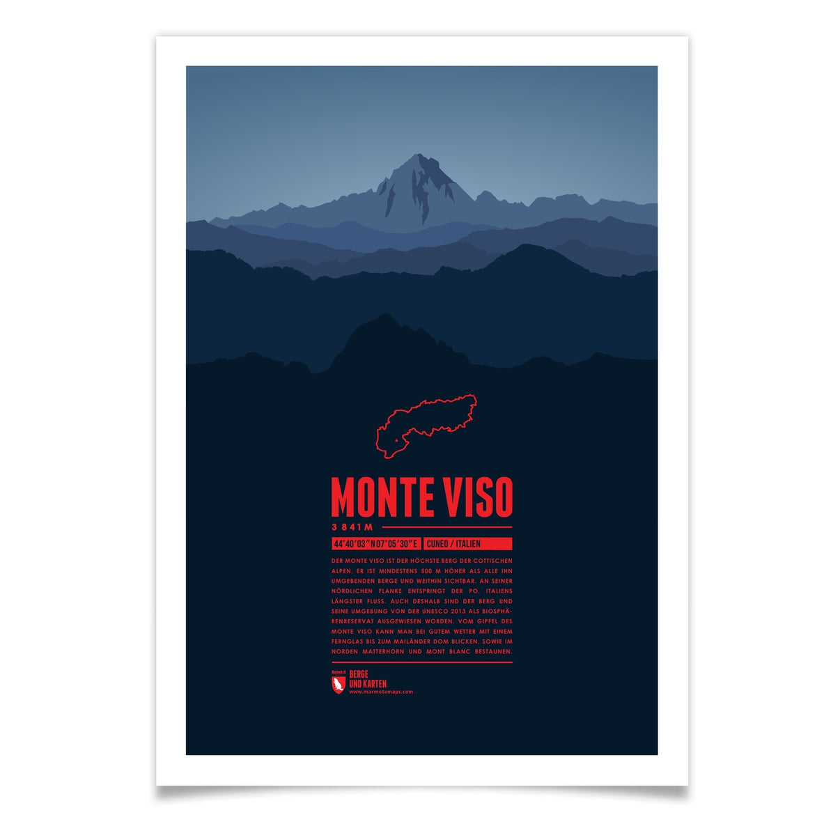 Monte Viso als illustrierter Druck von Marmota Maps (3841 m, Cottische Alpen)