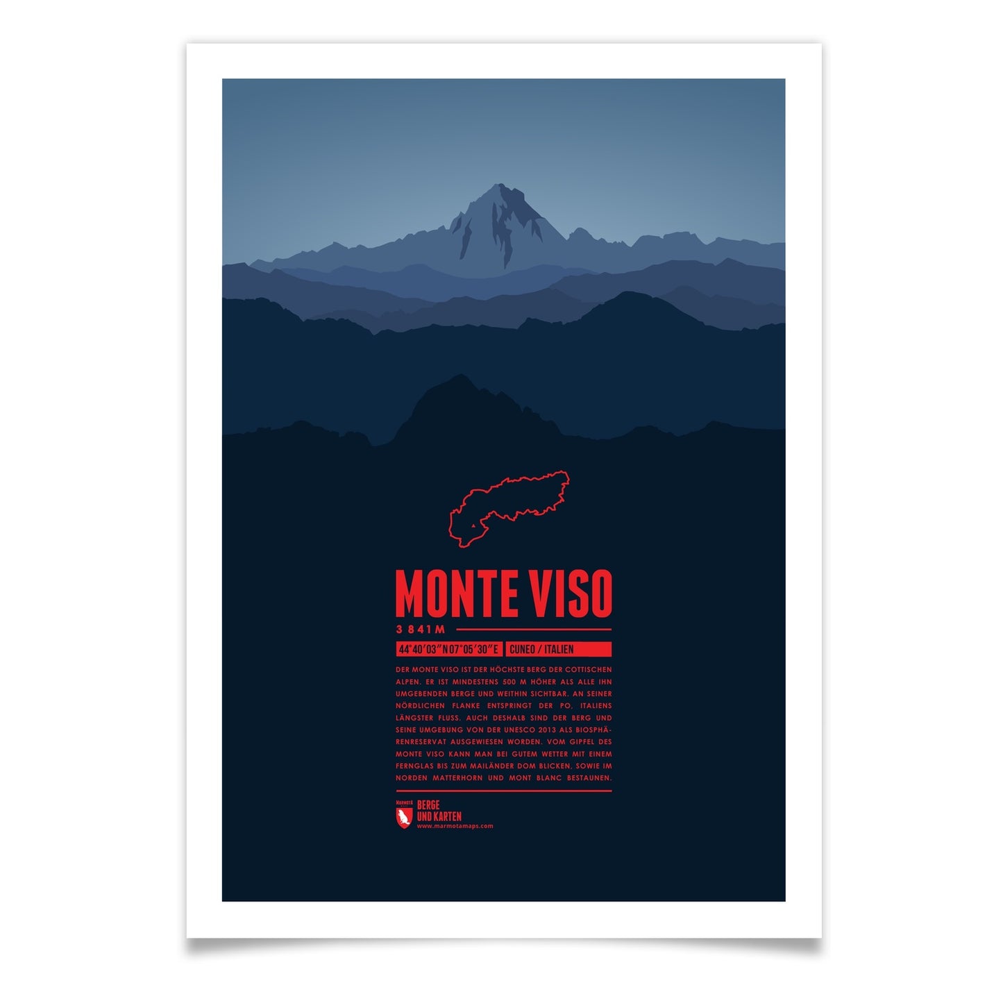Monte Viso als illustrierter Druck von Marmota Maps (3841 m, Cottische Alpen)