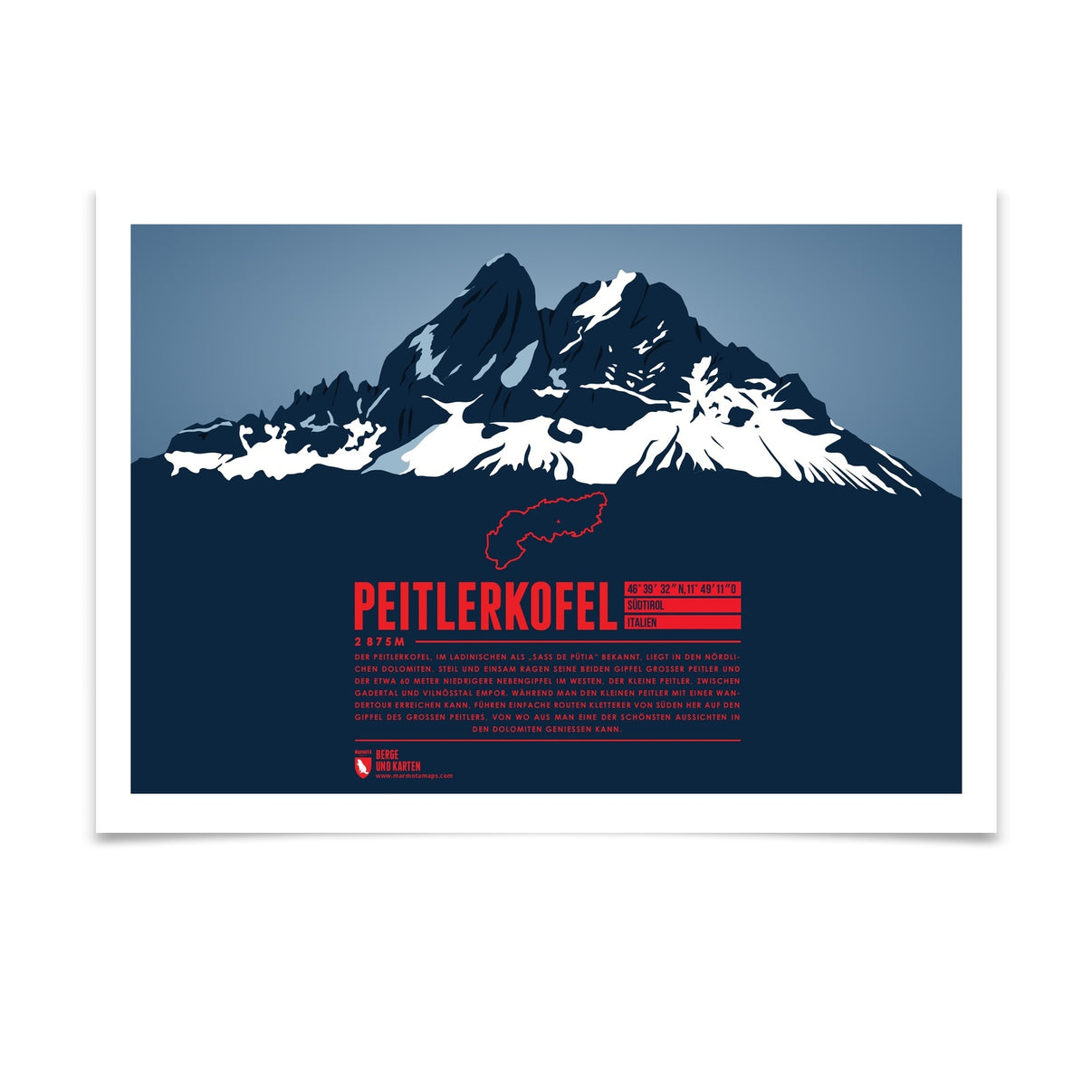Peitlerkofel als illustrierter Druck von Marmota Maps (2875 m, Dolomiten)
