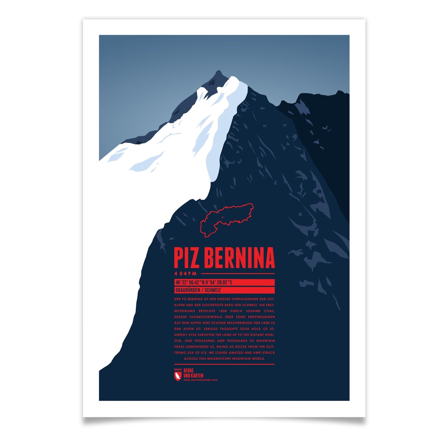Piz Bernina als illustrierter Druck von Marmota Maps (4049 m, Berninagruppe)
