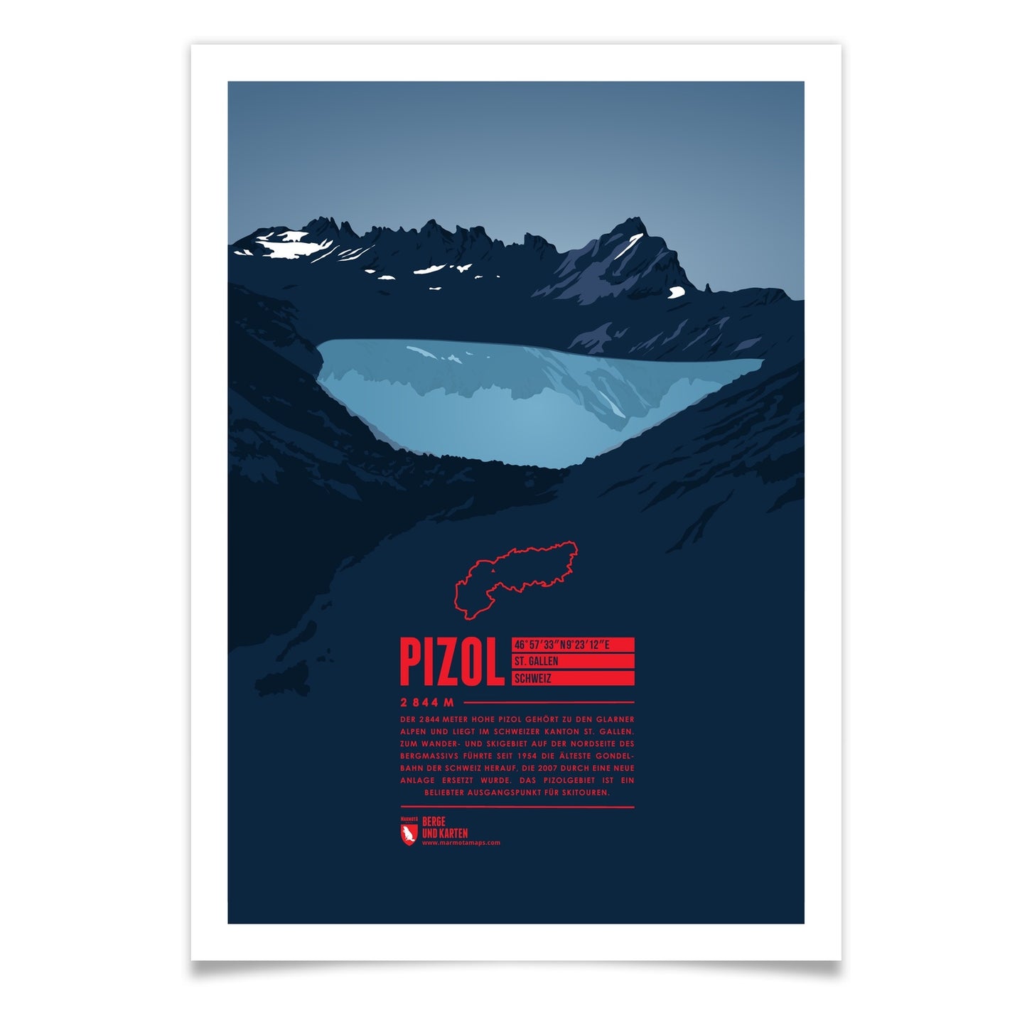 Pizol als illustrierter Druck von Marmota Maps (2844 m, Glarner Alpen)