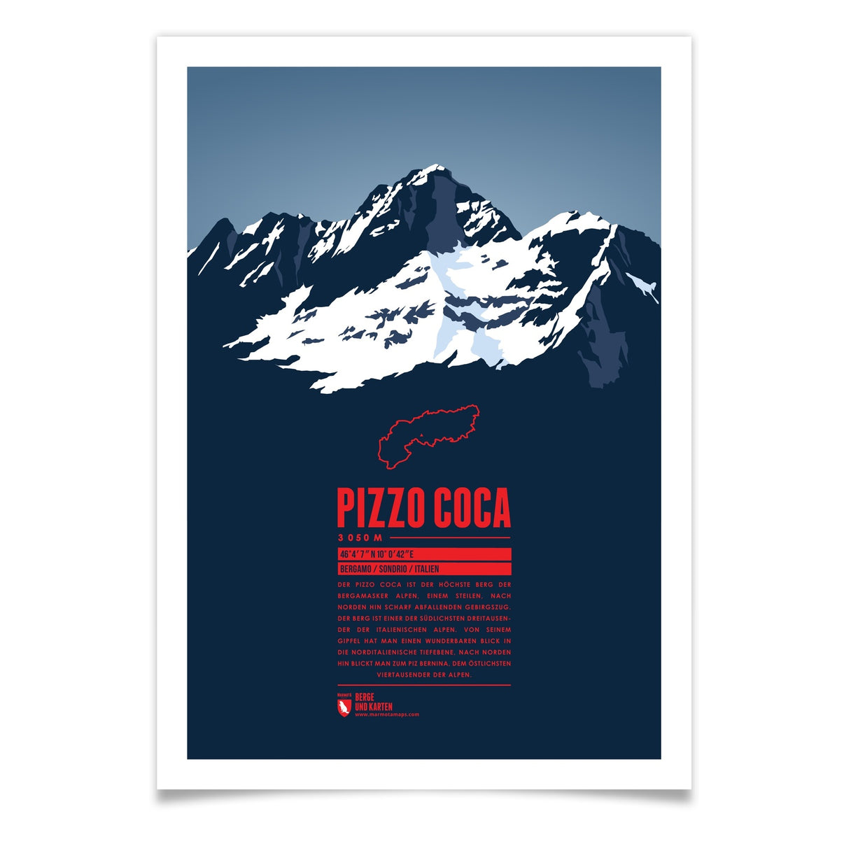 Pizzo Coca als illustrierter Druck von Marmota Maps (3050 m, Bergamasker Alpen)