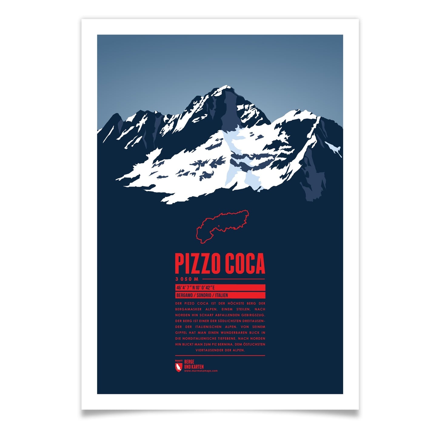 Pizzo Coca als illustrierter Druck von Marmota Maps (3050 m, Bergamasker Alpen)