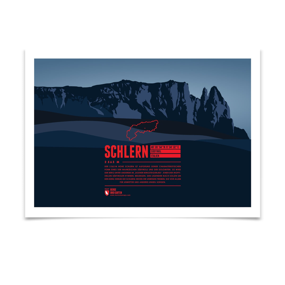 Schlern als illustrierter Druck von Marmota Maps (2563 m, Dolomiten)