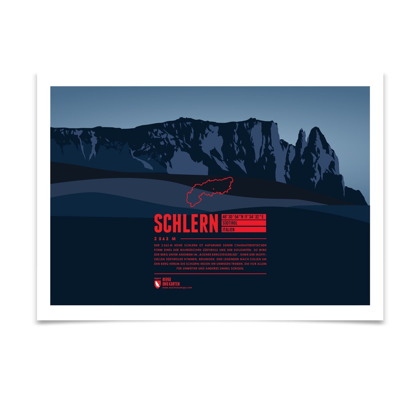 Schlern als illustrierter Druck von Marmota Maps (2563 m, Dolomiten)