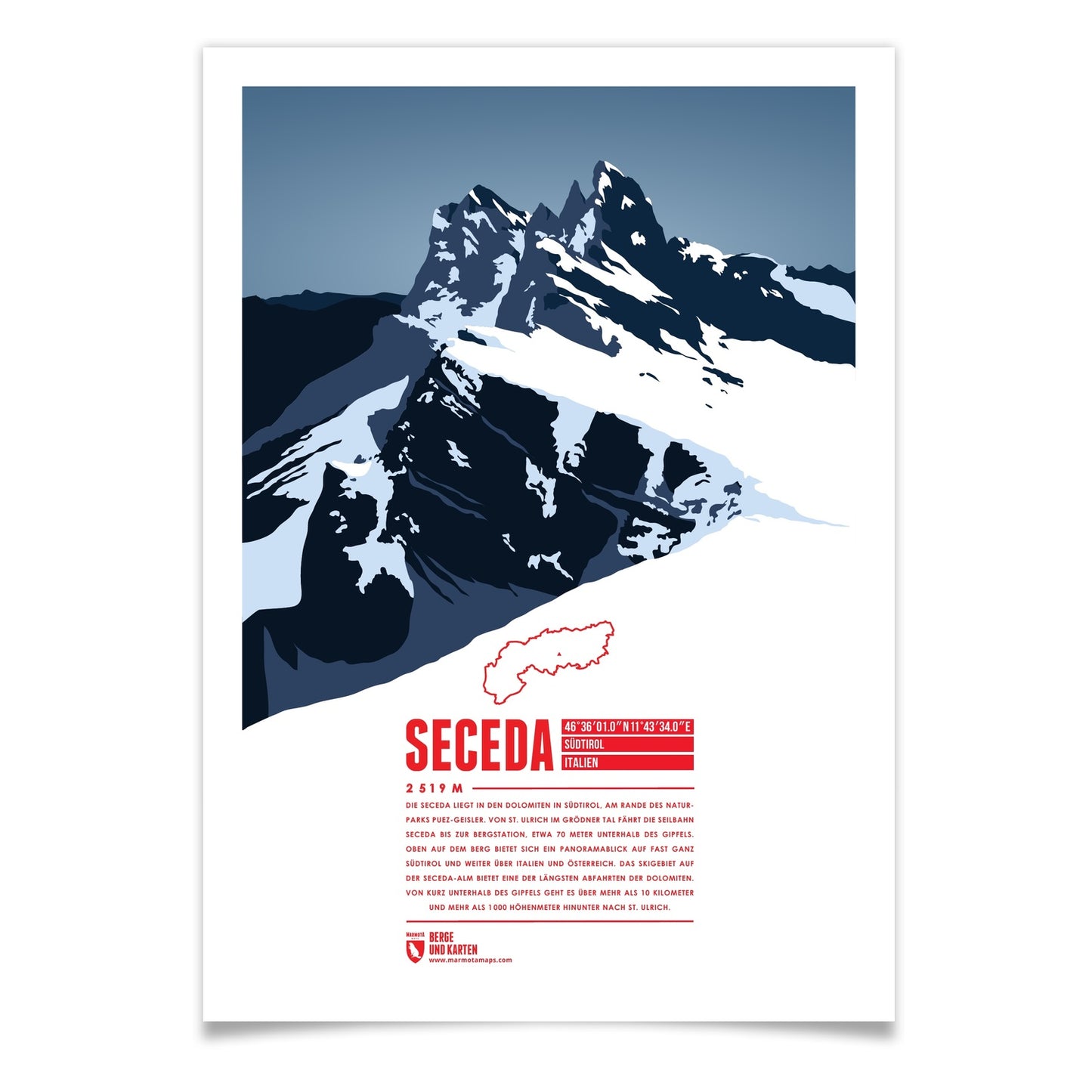 Seceda als illustrierter Druck von Marmota Maps (2519 m, Dolomiten)