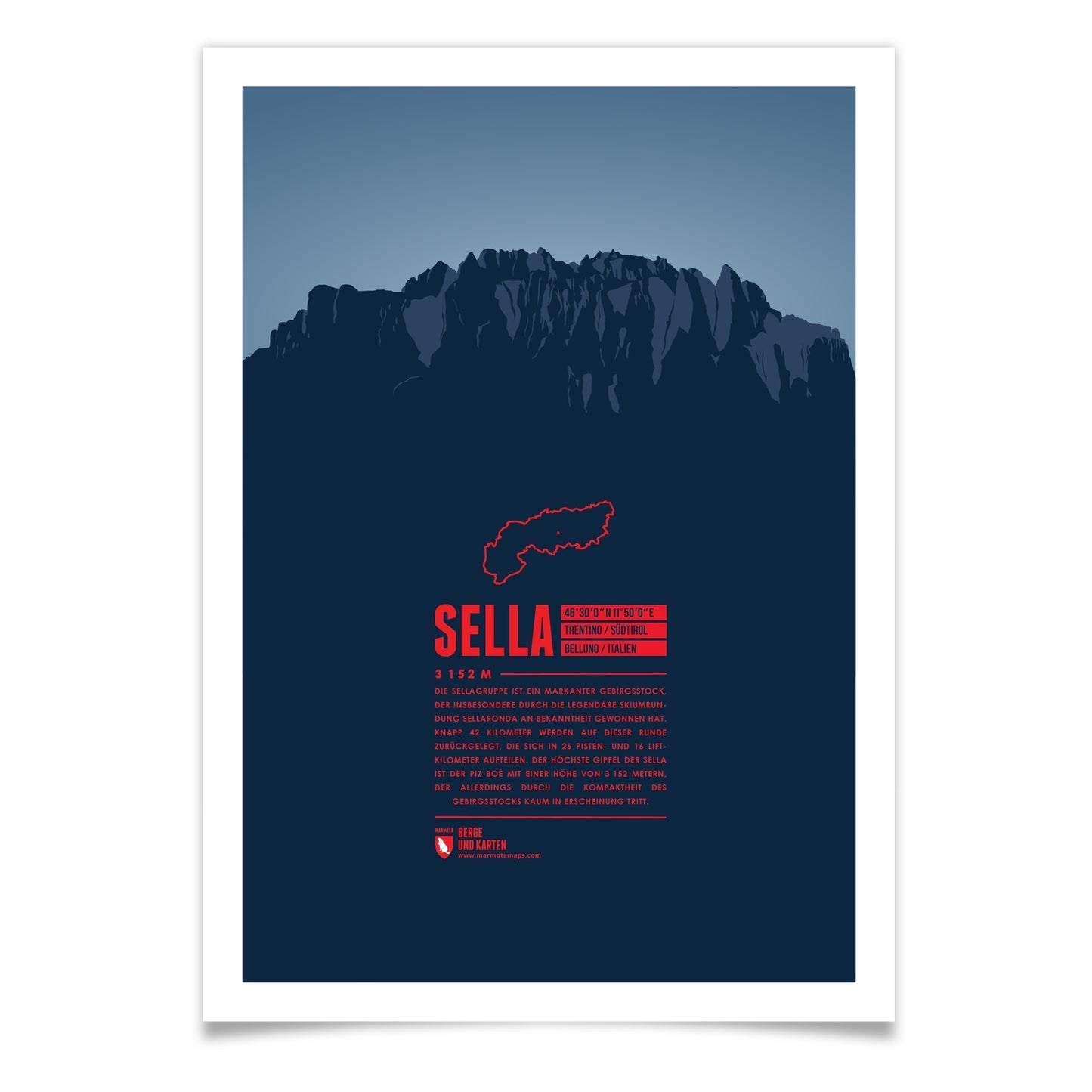 Sella als illustrierter Druck von Marmota Maps (3152 m, Dolomiten)