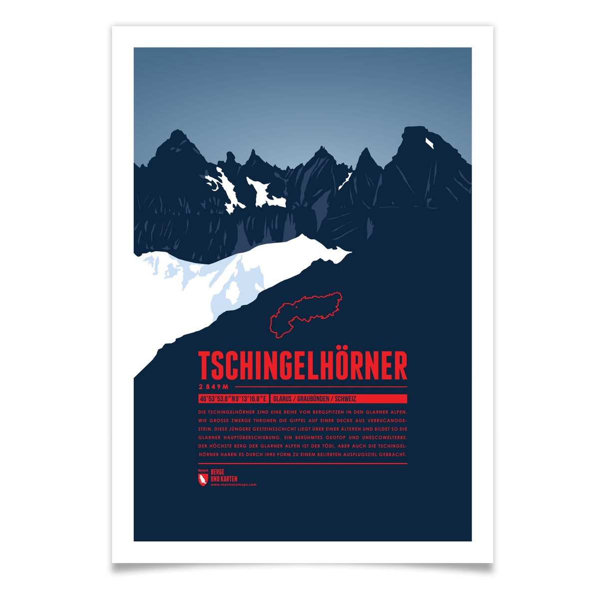 Tschingelhörner als illustrierter Druck von Marmota Maps (2849 m, Glarner Alpen)