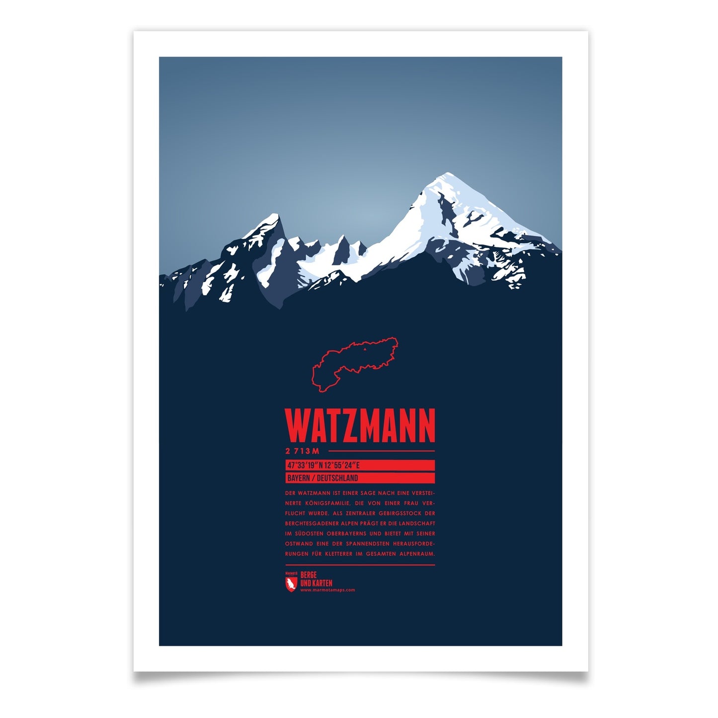 Watzmann als illustrierter Druck von Marmota Maps (2713 m, Berchtesgadener Alpen)