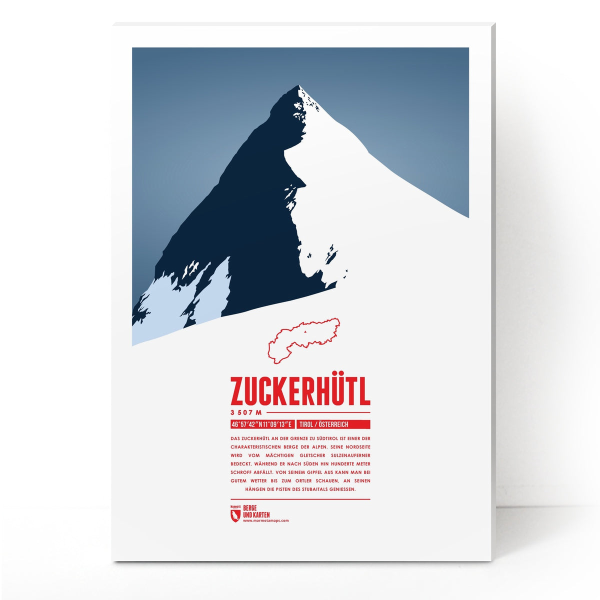 Zuckerhütl als illustrierter Druck von Marmota Maps auf Hartschaum (3507 m, Stubaier Alpen)