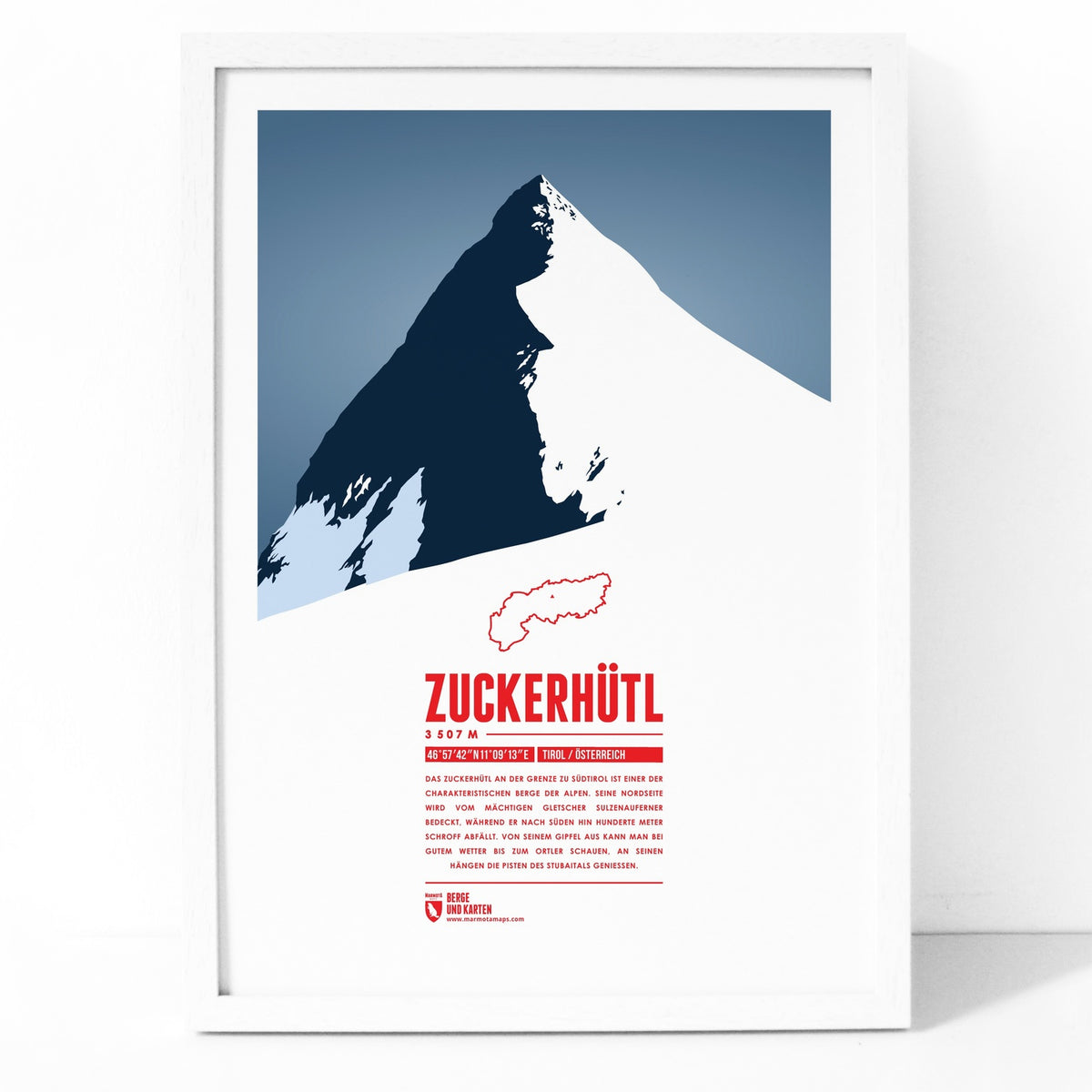 Zuckerhütl als illustrierter Druck von Marmota Maps im Holzrahmen (3507 m, Stubaier Alpen)