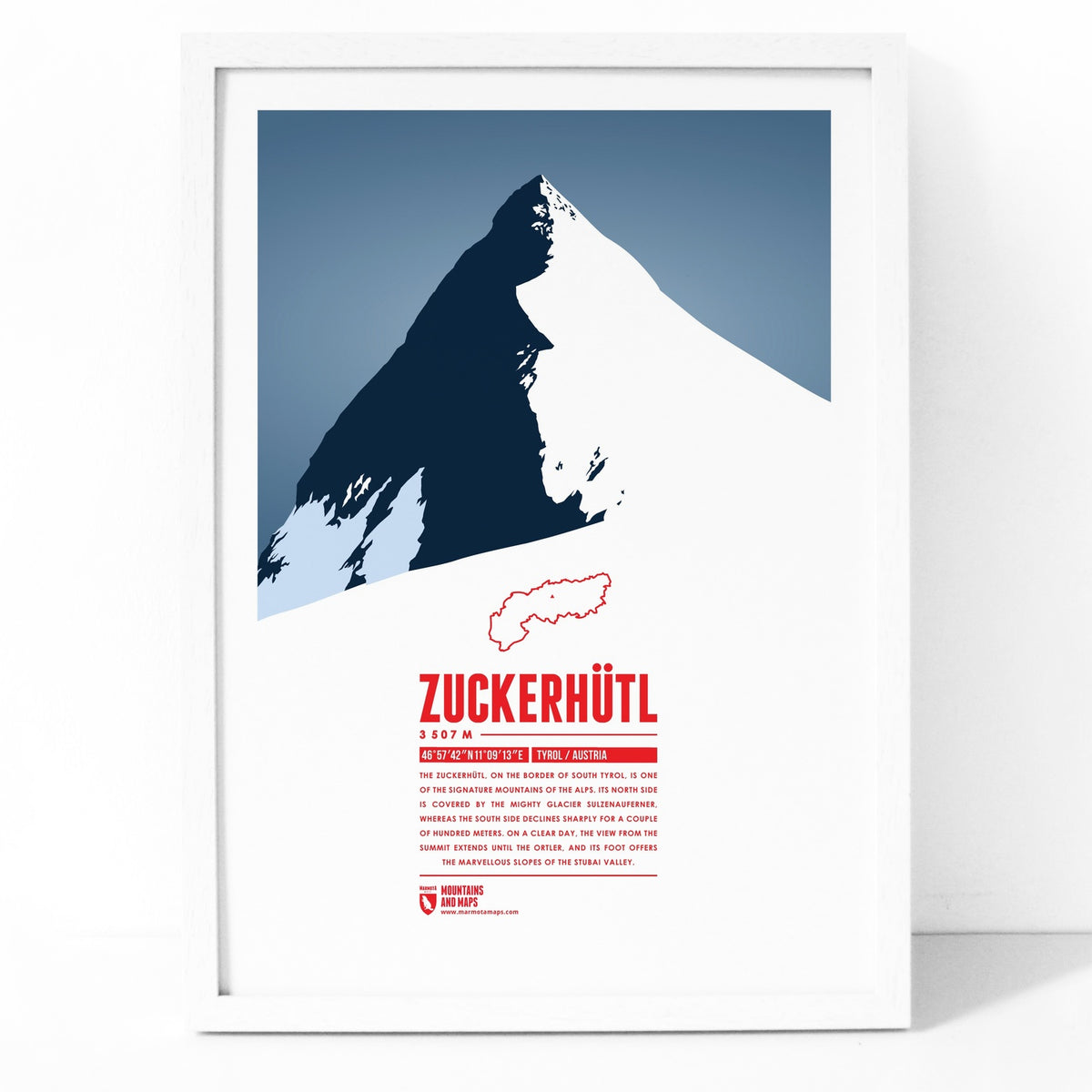 Zuckerhütl as an illustrated print by Marmota Maps in a wooden frame (3507 m, Stubaier Alpen)