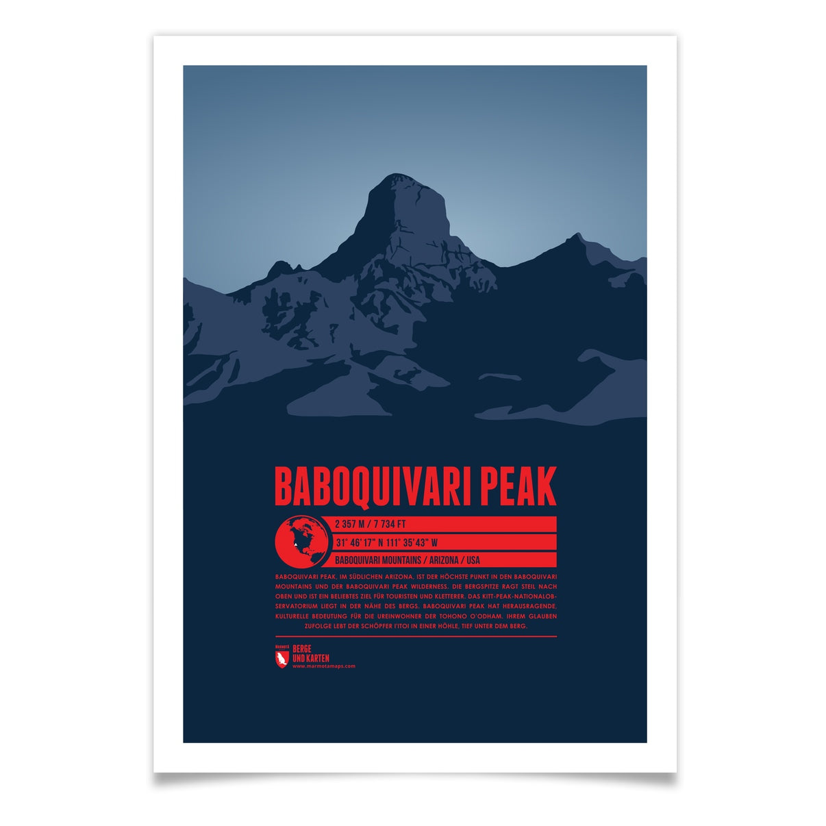 Baboquivari Peak als illustrierter Druck von Marmota Maps (2357 m, Baboquivari Mountains)