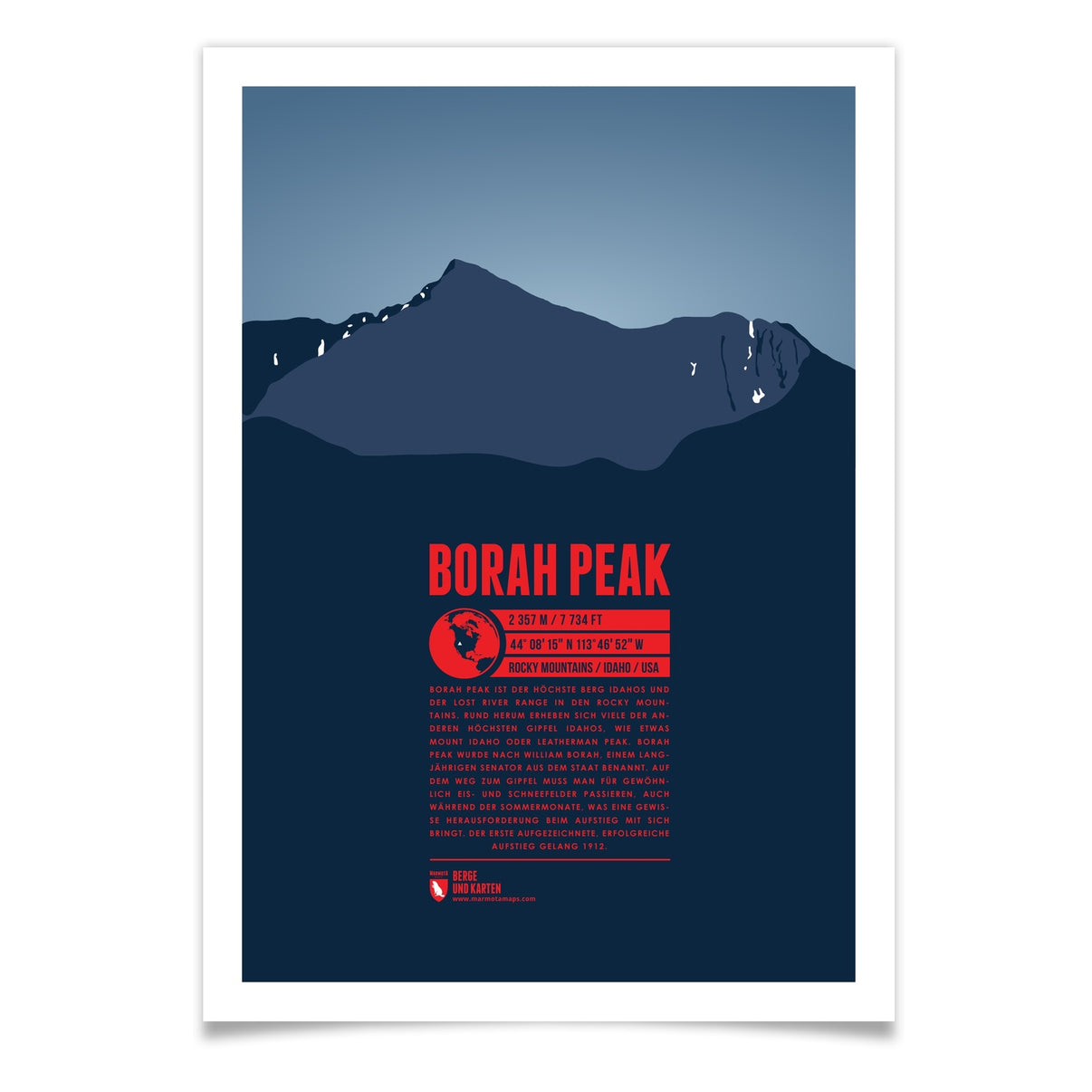 Borah Peak als illustrierter Druck von Marmota Maps (3859 m, Rocky Mountains)
