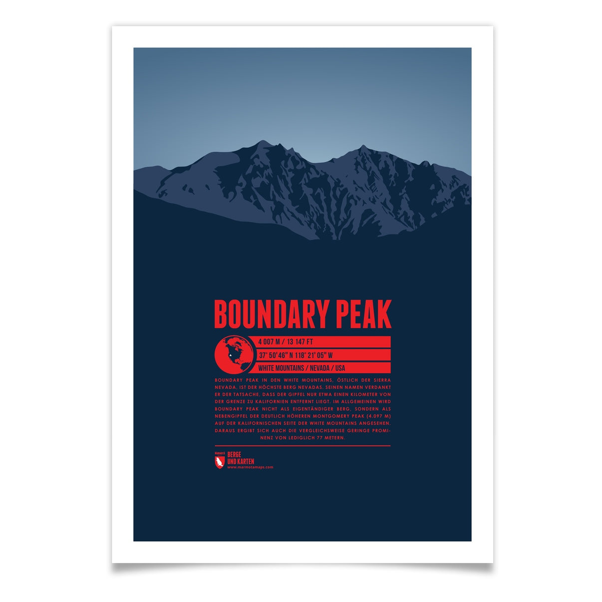 Boundary Peak als illustrierter Druck von Marmota Maps (4007 m, White Mountains)