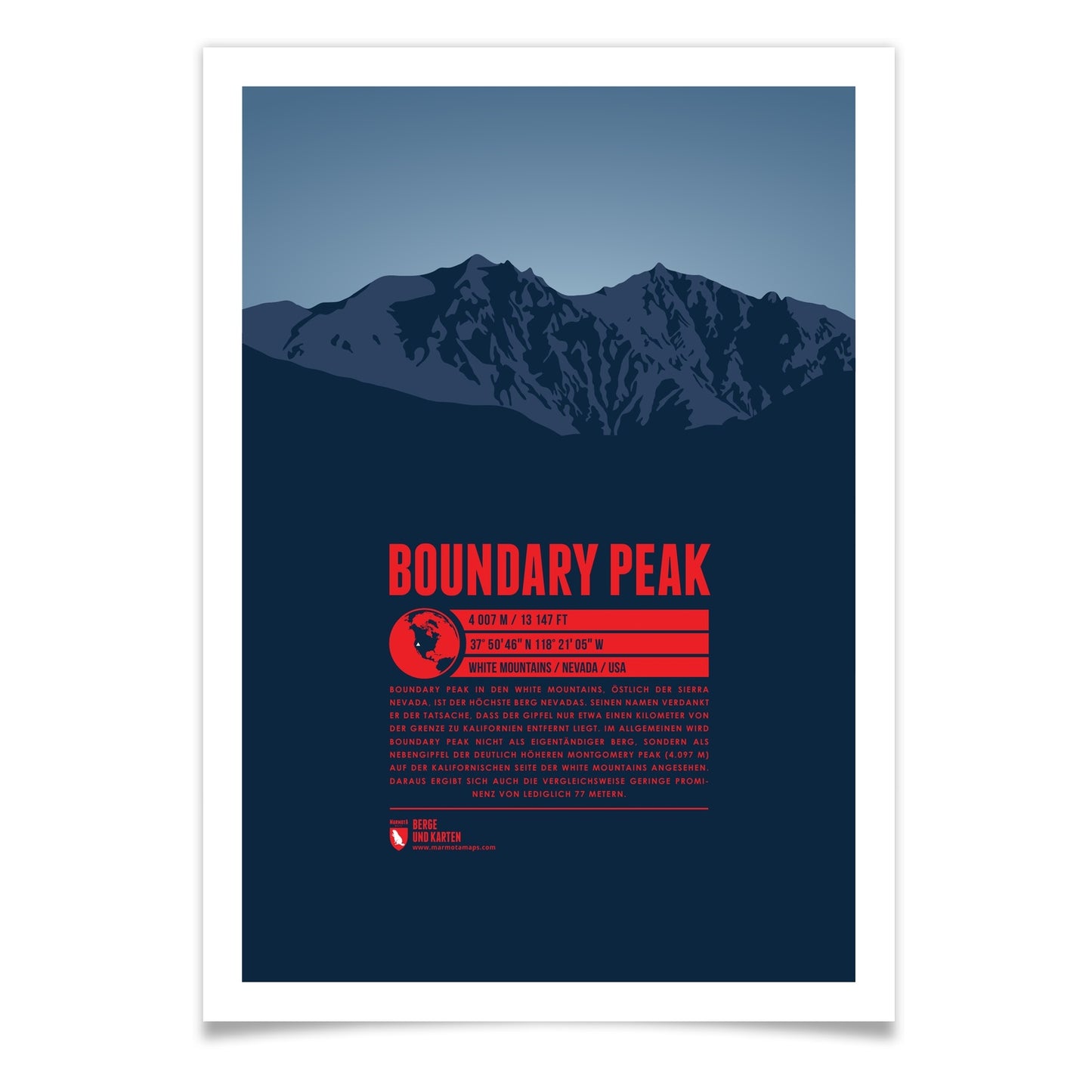 Boundary Peak als illustrierter Druck von Marmota Maps (4007 m, White Mountains)