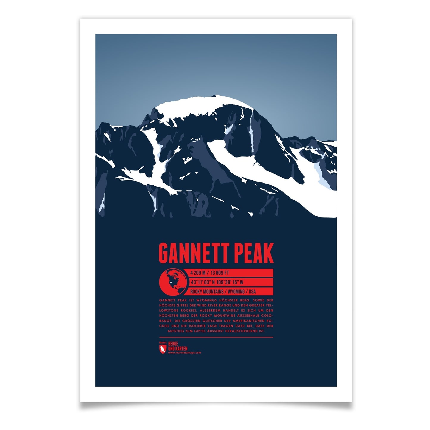 Gannett Peak als illustrierter Druck von Marmota Maps (4209 m, Rocky Mountains)
