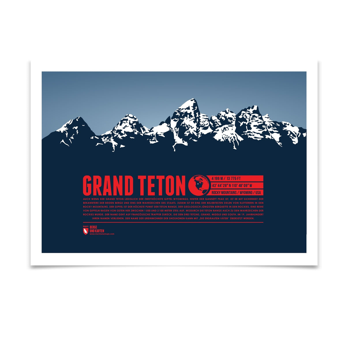 Grand Teton als illustrierter Druck von Marmota Maps (4199 m, Rocky Mountains)