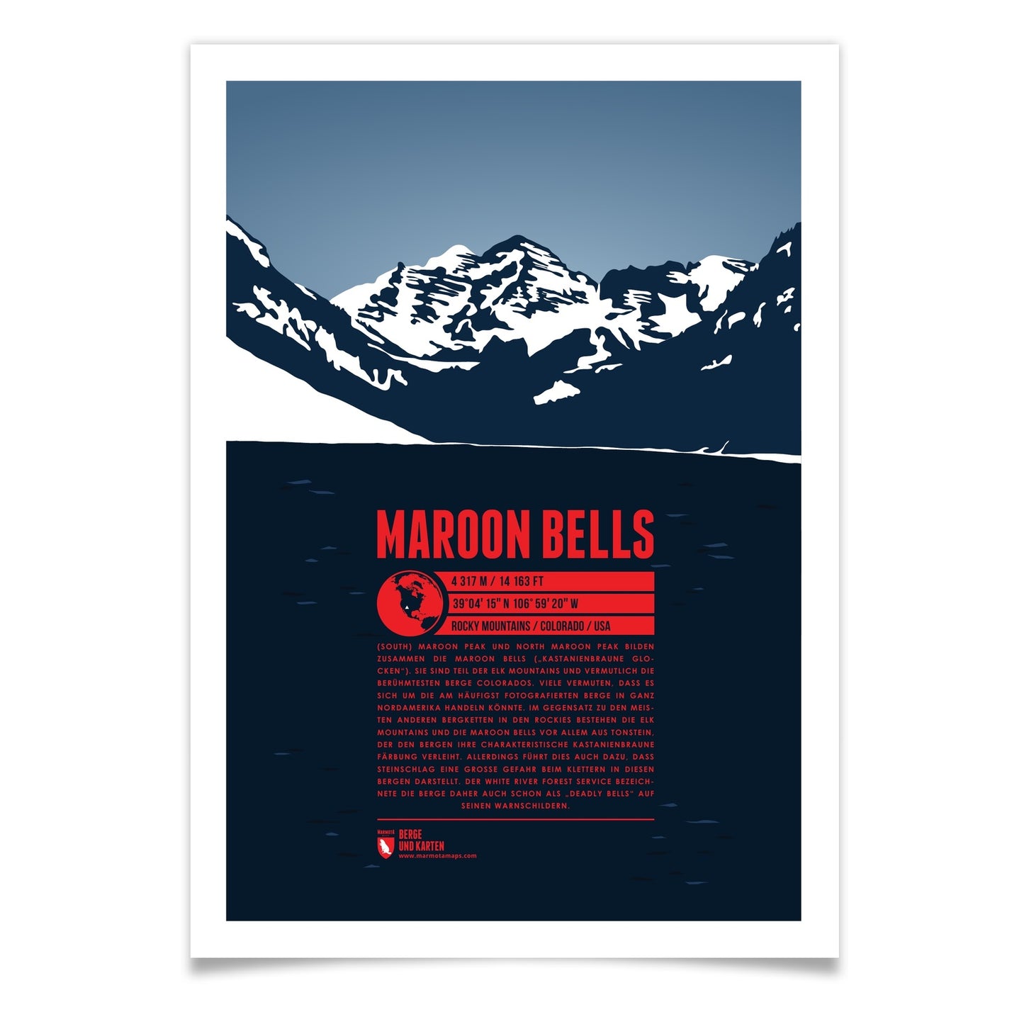 Maroon Bells als illustrierter Druck von Marmota Maps (4317 m, Rocky Mountains)