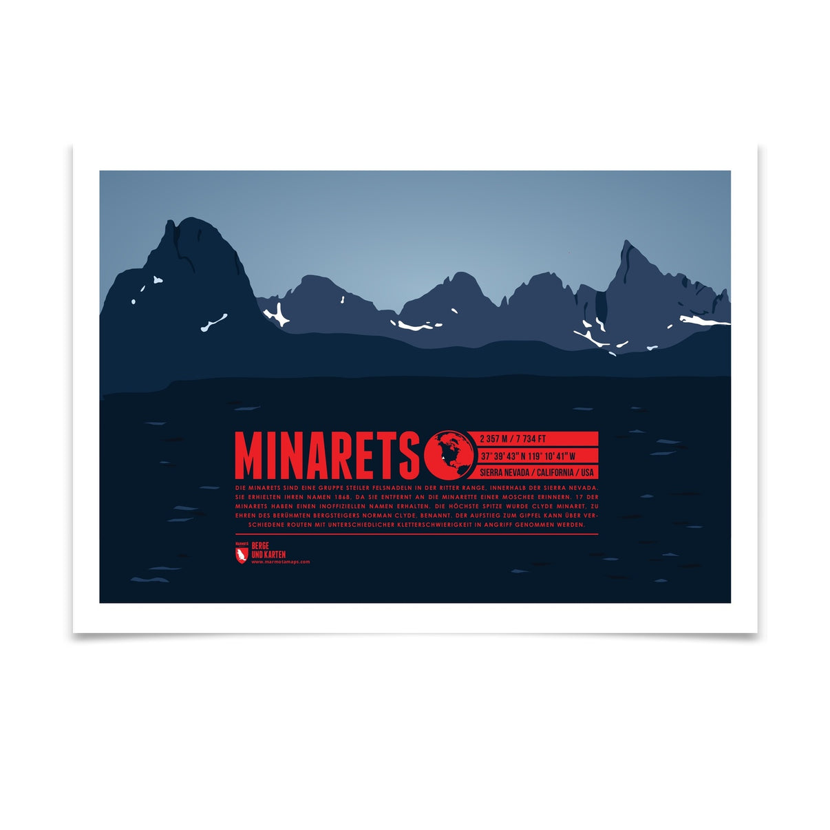Minarets als illustrierter Druck von Marmota Maps (3740 m, Sierra Nevada)