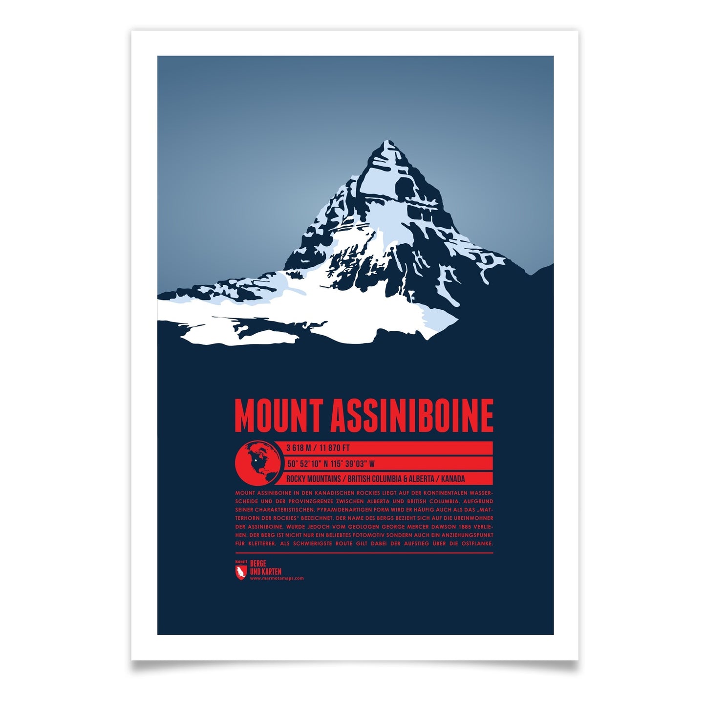 Mount Assiniboine als illustrierter Druck von Marmota Maps (3618 m, Rocky Mountains)