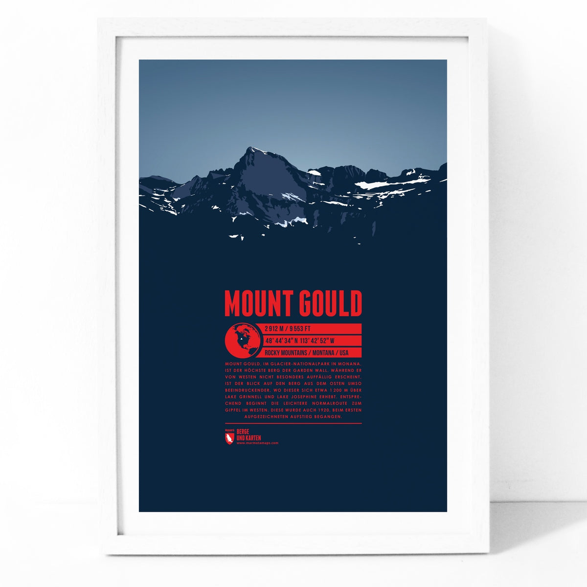 Mount Gould als illustrierter Druck von Marmota Maps im Holzrahmen (2912 m, Rocky Mountains)