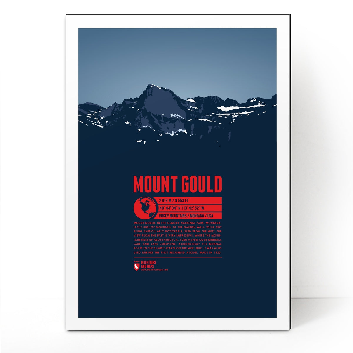 Mount Gould as an illustrated print by Marmota Maps on Aludibond (2912 m, Rocky Mountains)