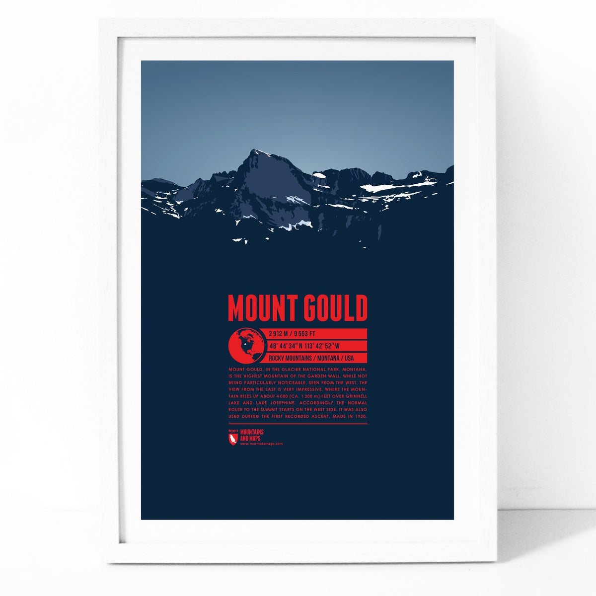 Mount Gould as an illustrated print by Marmota Maps in a wooden frame (2912 m, Rocky Mountains)