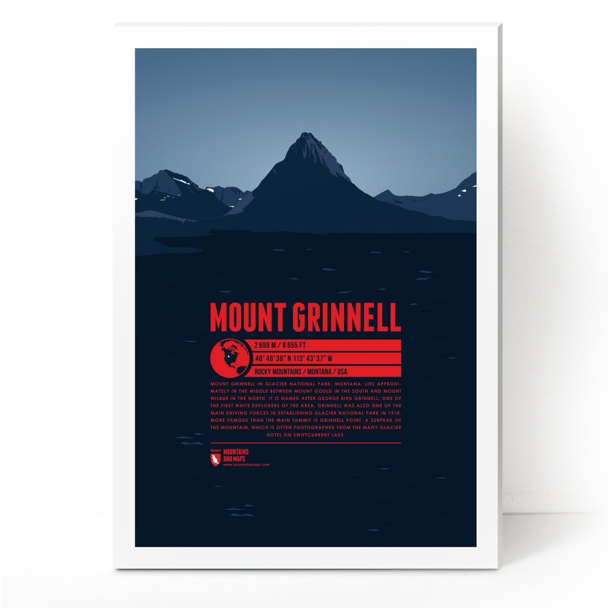 Mount Grinnell as an illustrated print by Marmota Maps on Foamcore (2699 m, Rocky Mountains)