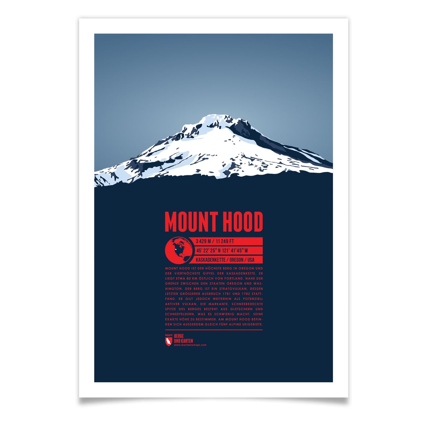 Mount Hood als illustrierter Druck von Marmota Maps (3429 m, Kaskadenkette)