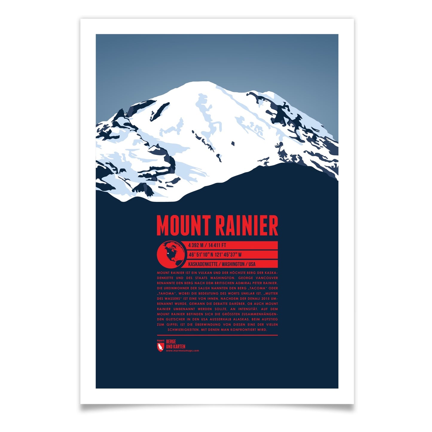 Mount Rainier als illustrierter Druck von Marmota Maps (4392 m, Kaskadenkette)
