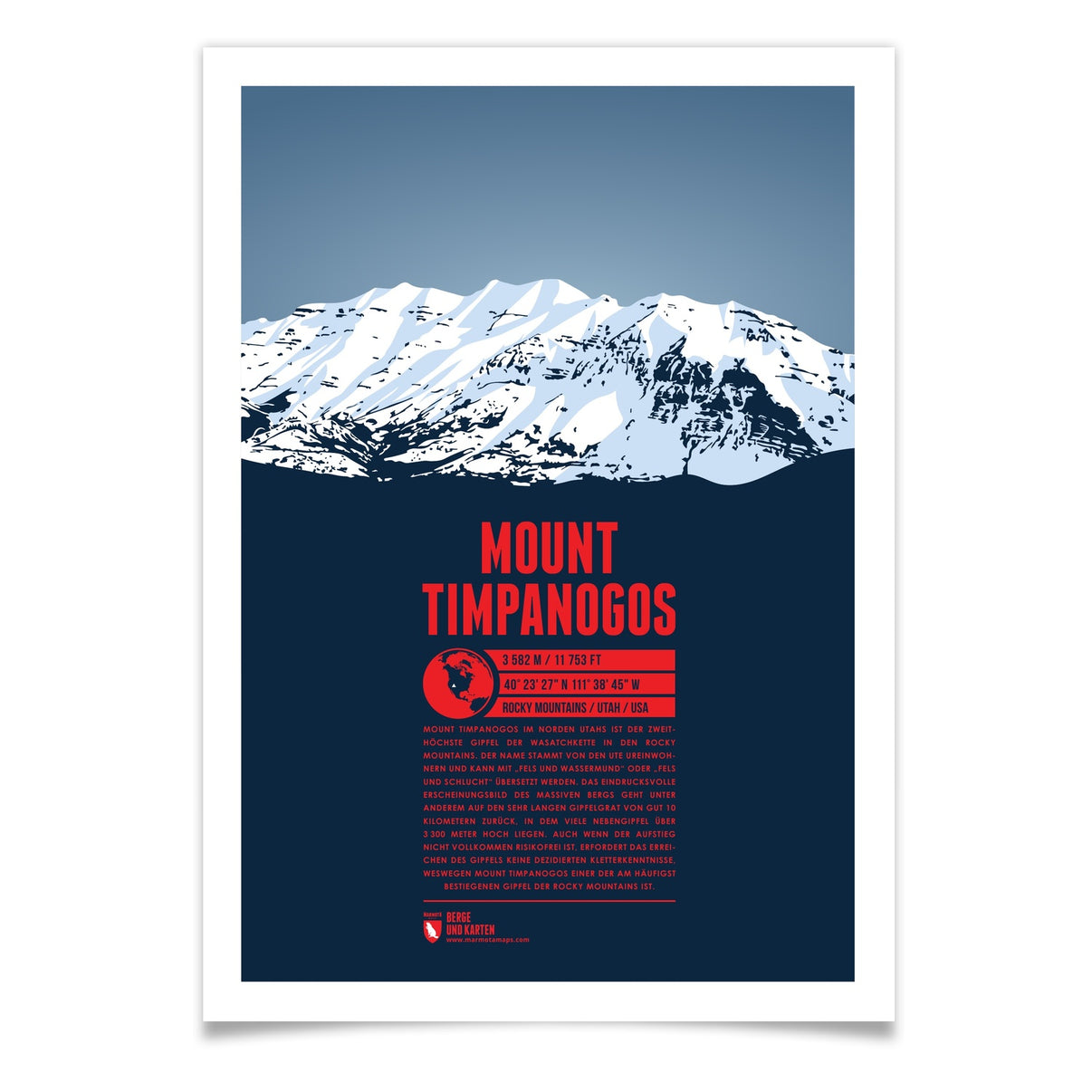 Mount Timpanogos als illustrierter Druck von Marmota Maps (3582 m, Rocky Mountains)