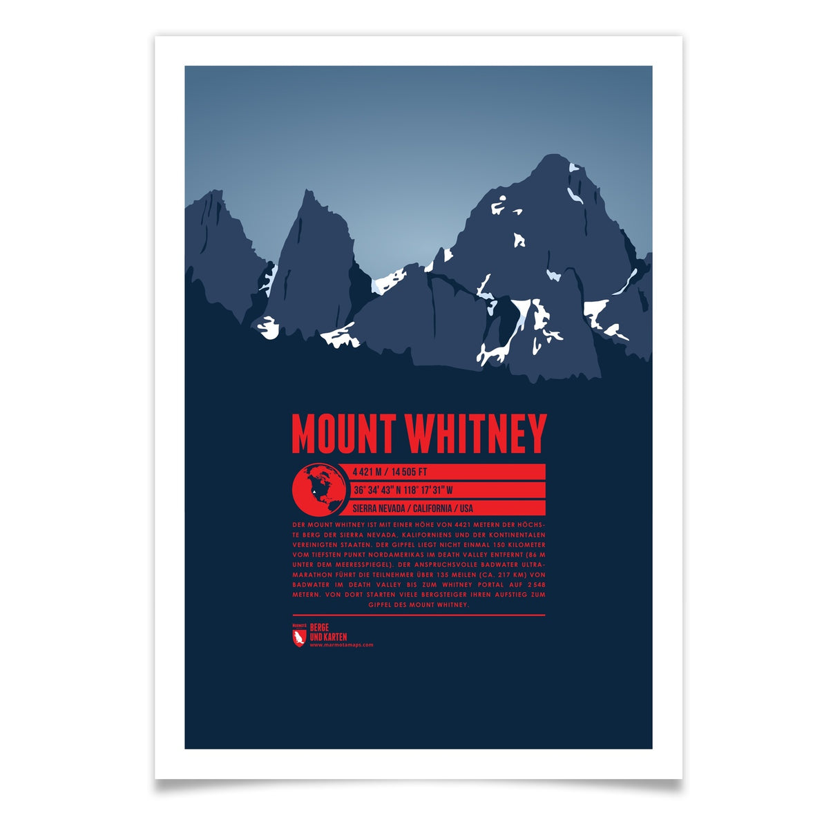 Mount Whitney als illustrierter Druck von Marmota Maps (4421 m, Sierra Nevada)